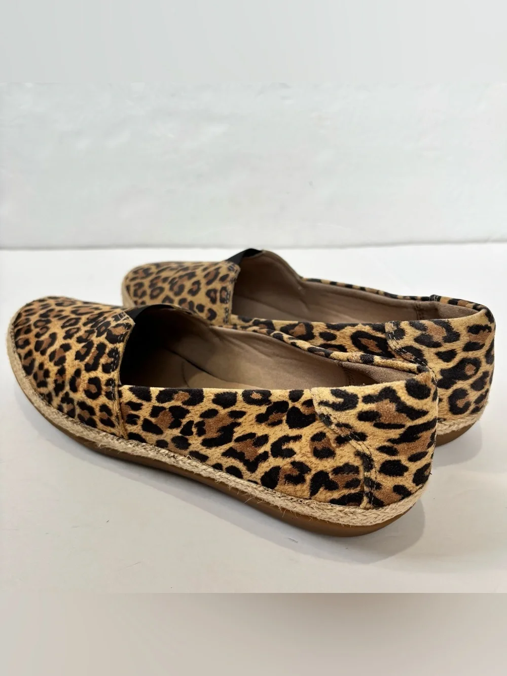 CLARKS Tan Leopard Print Suede Danelly Sky Espadrille Perforated Slip On Flats